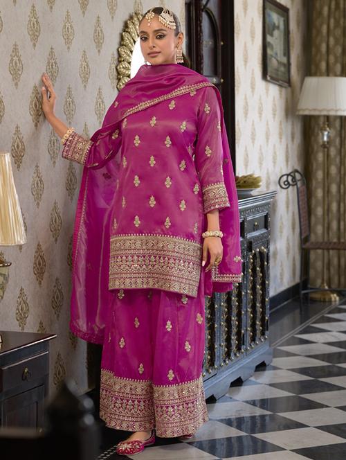 women embroidered three quarter sleeve kurta palazzo with dupatta set - 22052729 - Standard Image - 0