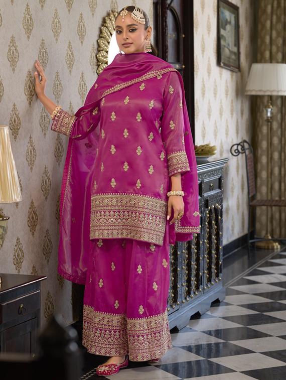 women embroidered three quarter sleeve kurta palazzo with dupatta set - 22052729 - Zoom Image - 0