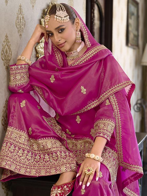 women embroidered three quarter sleeve kurta palazzo with dupatta set - 22052729 - Standard Image - 1