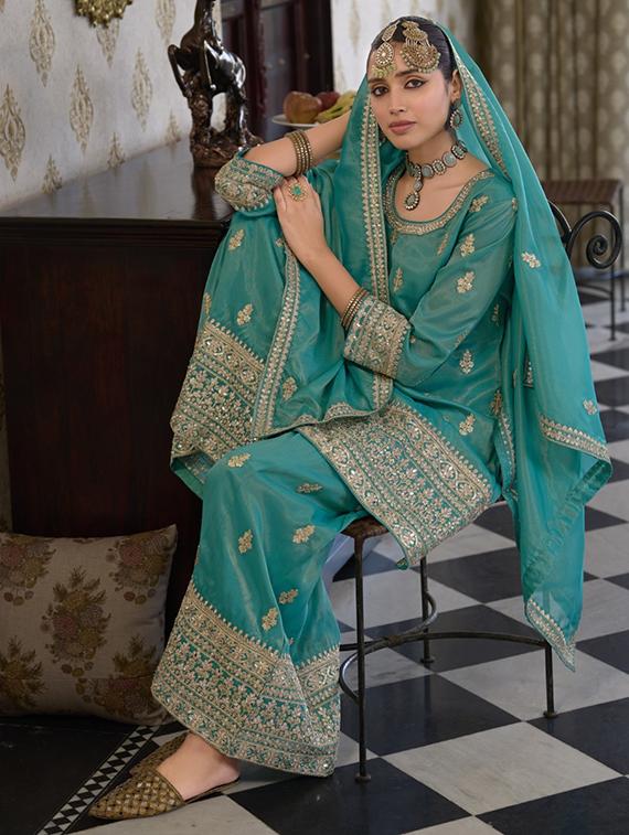 women embroidered three quarter sleeve kurta palazzo with dupatta set - 22052730 - Standard Image - 1