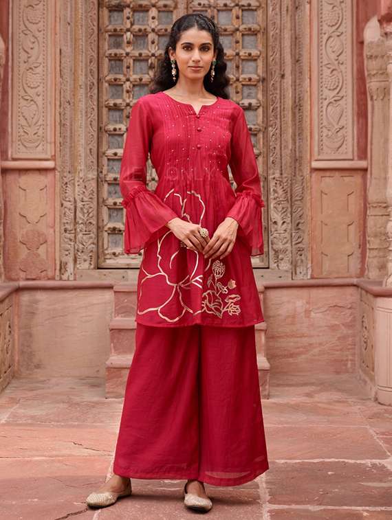Women Embroidered Long Sleeve Kurta Palazzo With Dupatta Set