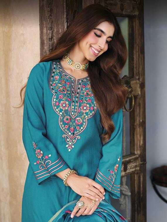 women embroidered long sleeve kurta pant with dupatta set - 22052739 - Standard Image - 1