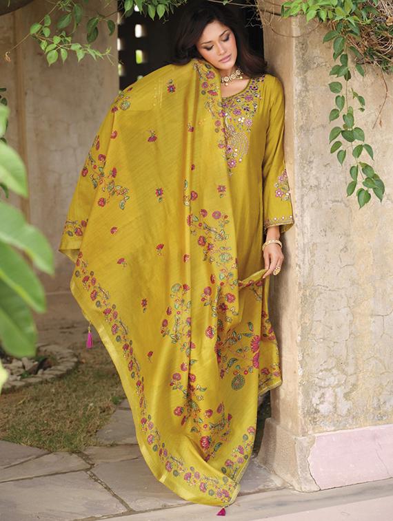 women embroidered long sleeve kurta pant with dupatta set