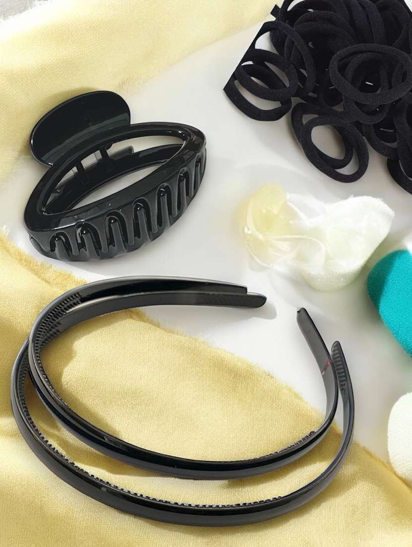 set of black solid rubber bands and 1 hairband and clutcher - 22052842 - Standard Image - 1
