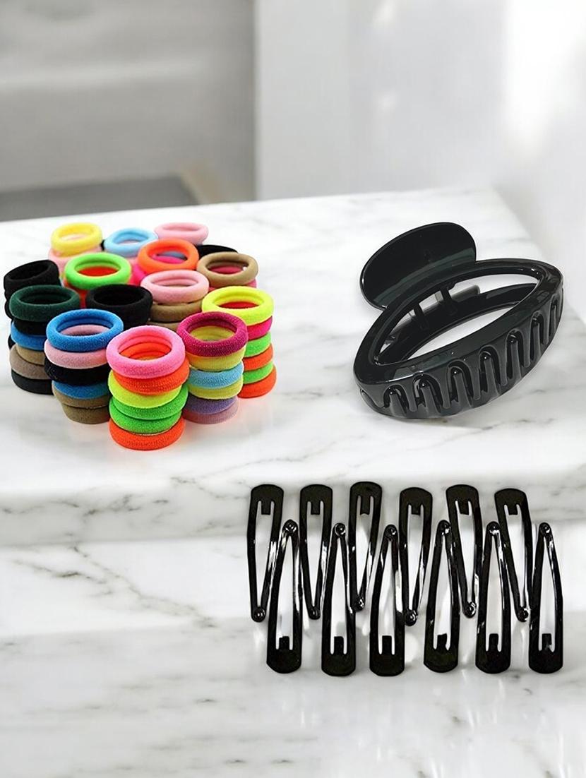 set of black solid rubber bands and 1 clutcher and hair pins - 22052843 - Standard Image - 1