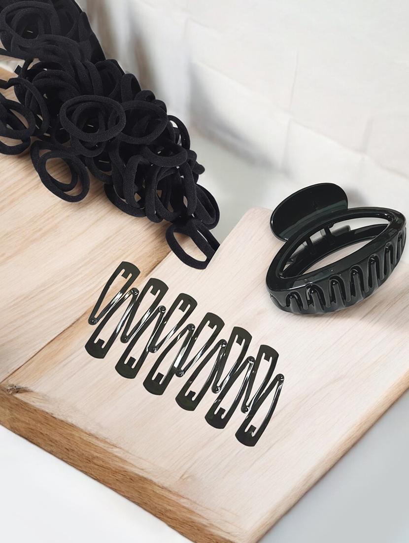 set of black solid rubber bands and 1 clutcher and hair pins - 22052844 - Standard Image - 1