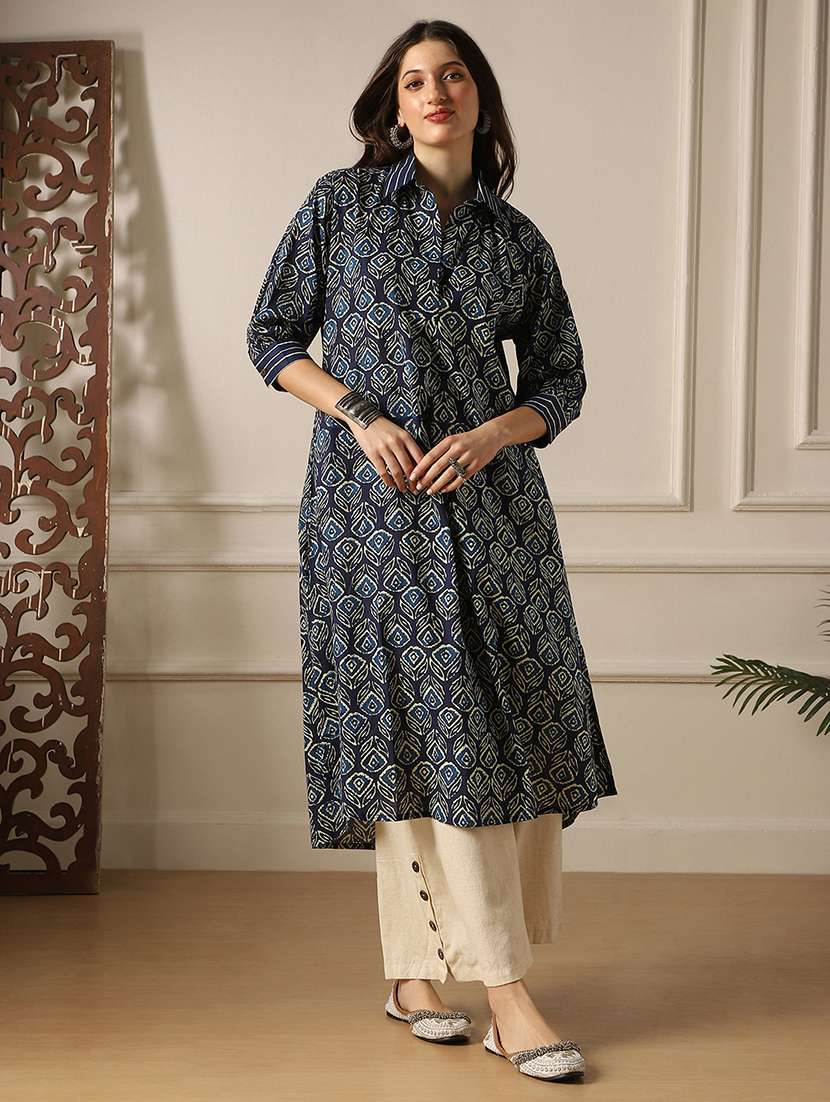 globus women indigo collared neck ethnic floral print  a-line fusion shirt style kurta