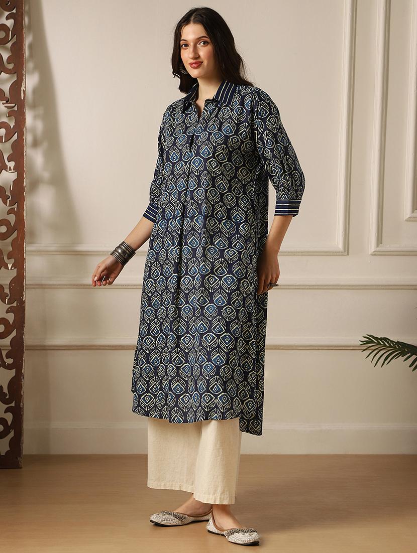 indigo cotton aline kurta - 22052914 -  Standard Image - 1