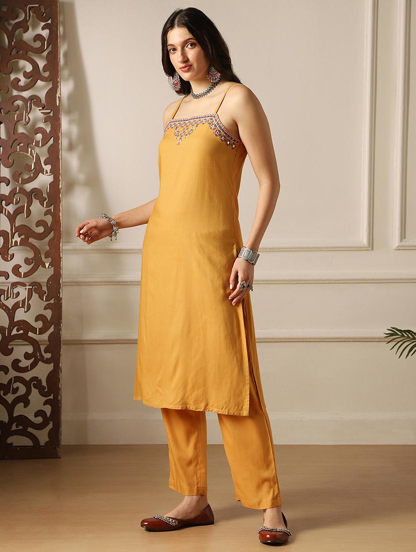 women embroidered shoulder strap kurta pant set - 22052915 - Standard Image - 1