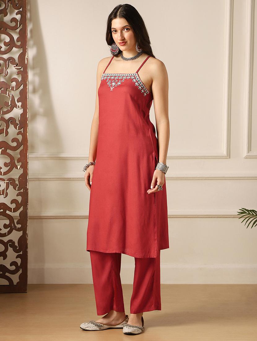 women embroidered shoulder strap kurta pant set - 22052916 - Standard Image - 1