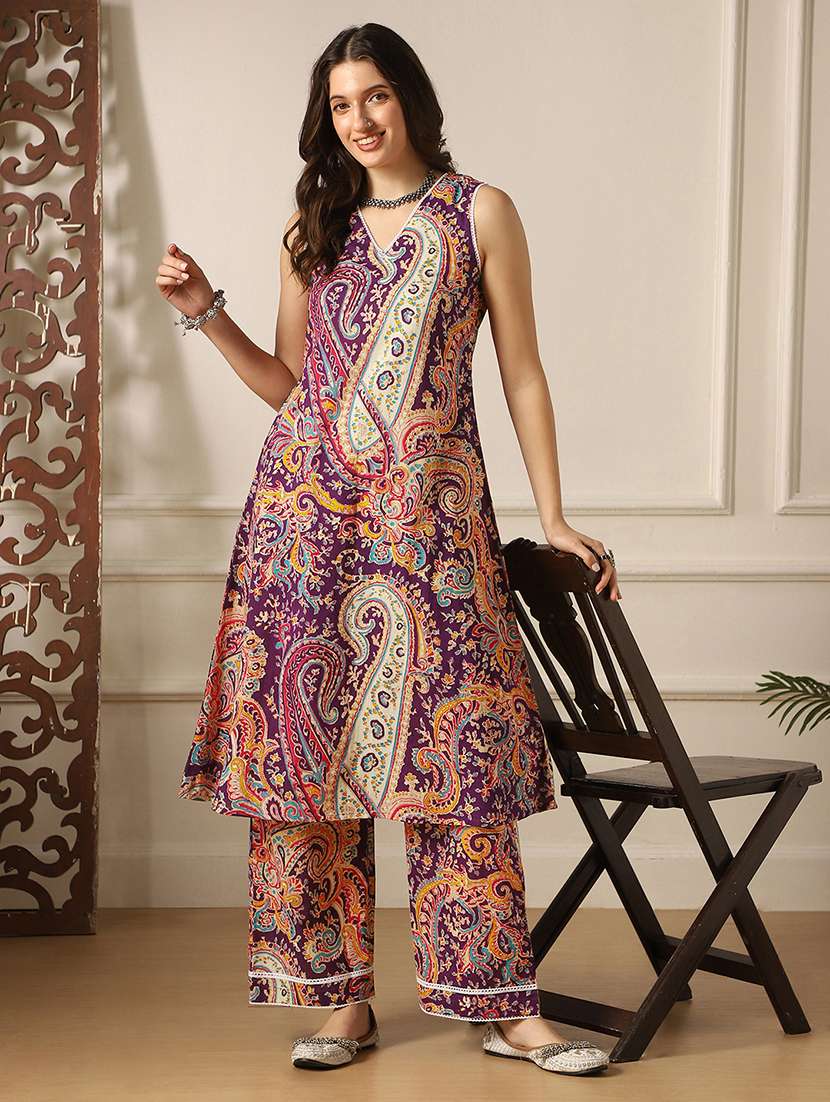 globus women purple paisley ethnic print lace detail v-neck sleeveless a-line kurta & pant fusion set