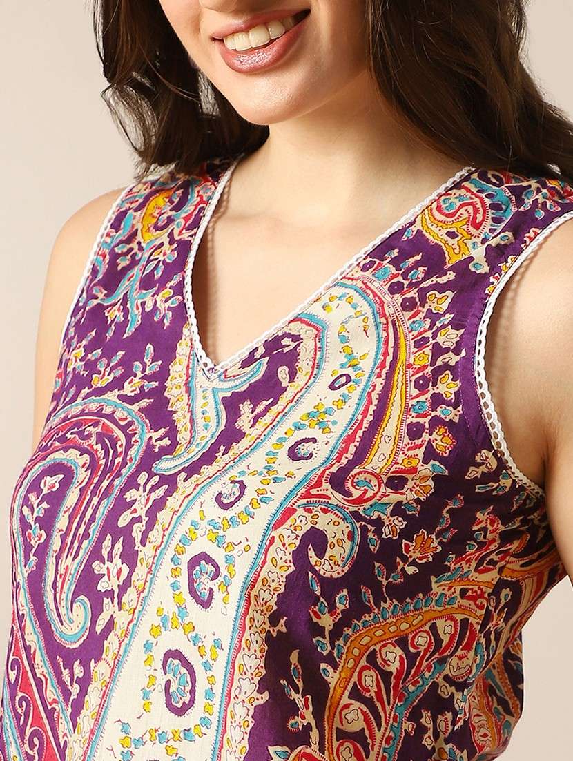 globus women purple paisley ethnic print lace detail v-neck sleeveless a-line kurta & pant fusion set - 22052917 -  Standard Image - 4