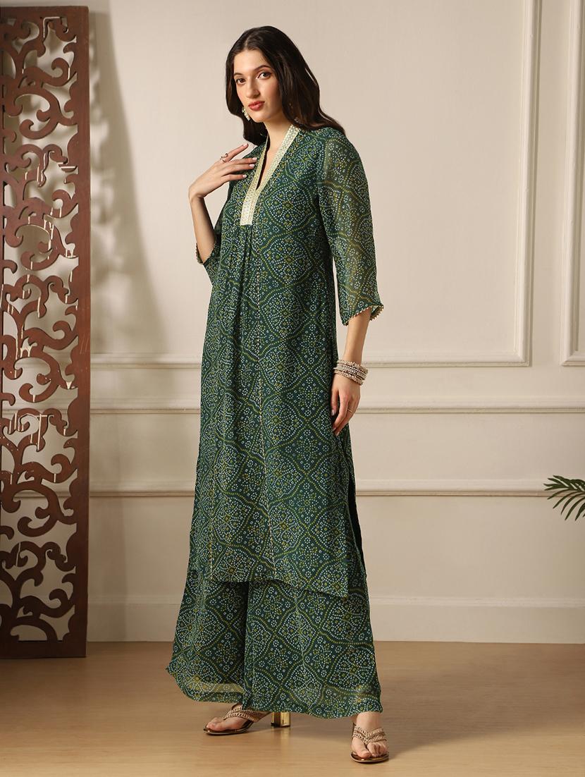 women bandhani printed v neck kurta palazzo set - 22052918 - Standard Image - 1