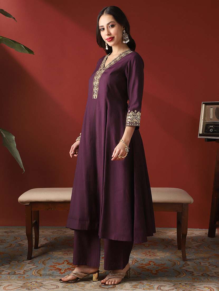 globus women purple zari embroidered v-neck panelled anarkali kurta & wide leg pants festive set - 22052919 -  Standard Image - 1
