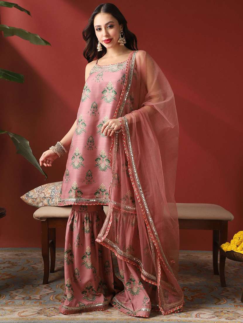 globus women pink ethnic print embroidered round neck strappy sleeves kurta with sharara & dupatta festive set - 22052921 -  Standard Image - 1