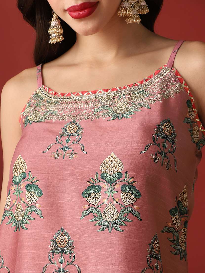 globus women pink ethnic print embroidered round neck strappy sleeves kurta with sharara & dupatta festive set - 22052921 -  Standard Image - 4