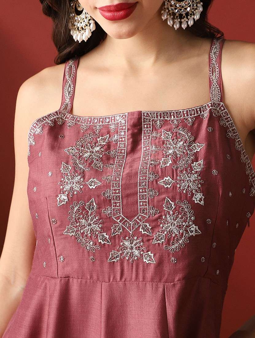 globus women rust sequinned emboridered yoke round neck strappy sleeves anarkali kurta with pant & dupatta festive set - 22052922 -  Standard Image - 4