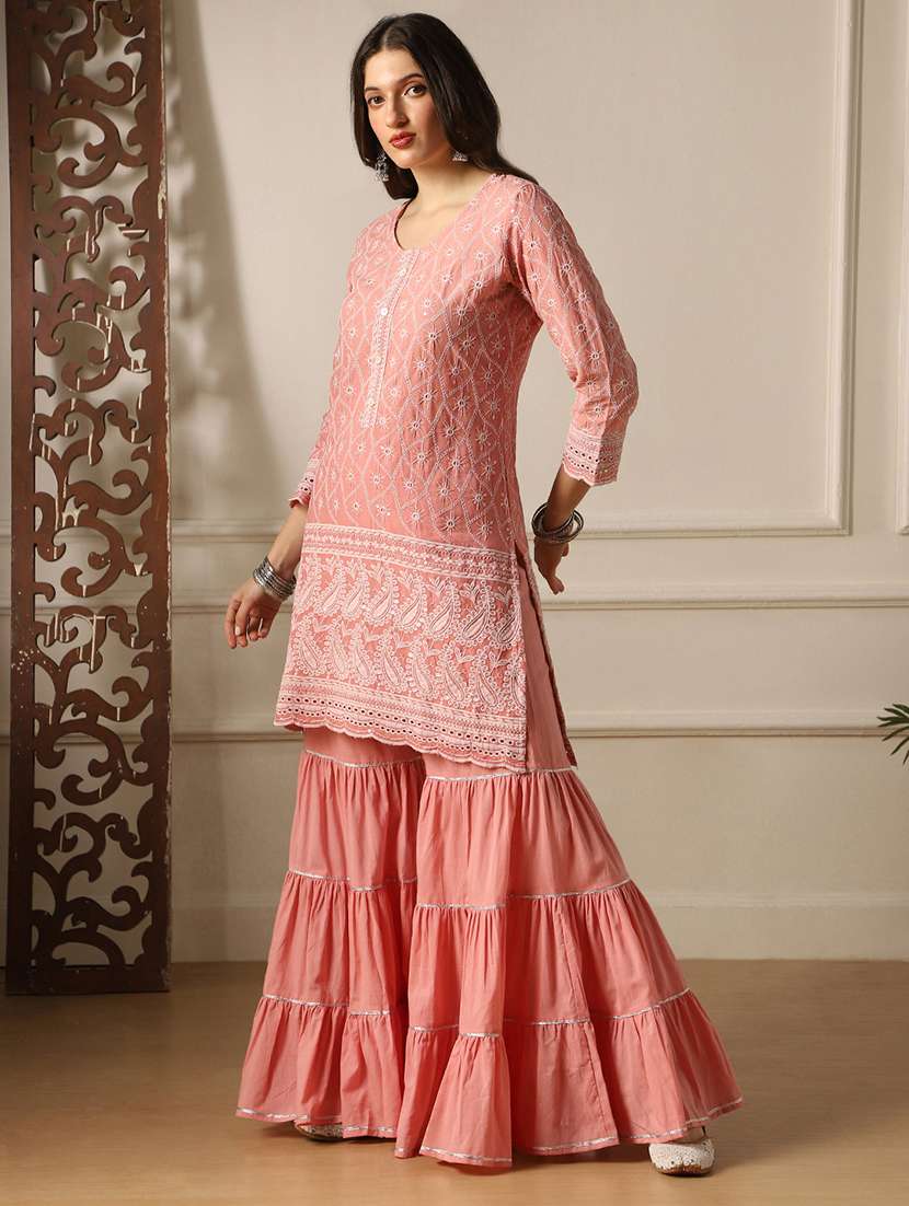 globus women pink round neck sequinned detail scalloped hem straight chikankari kurta & sharara festive set - 22052923 -  Standard Image - 1