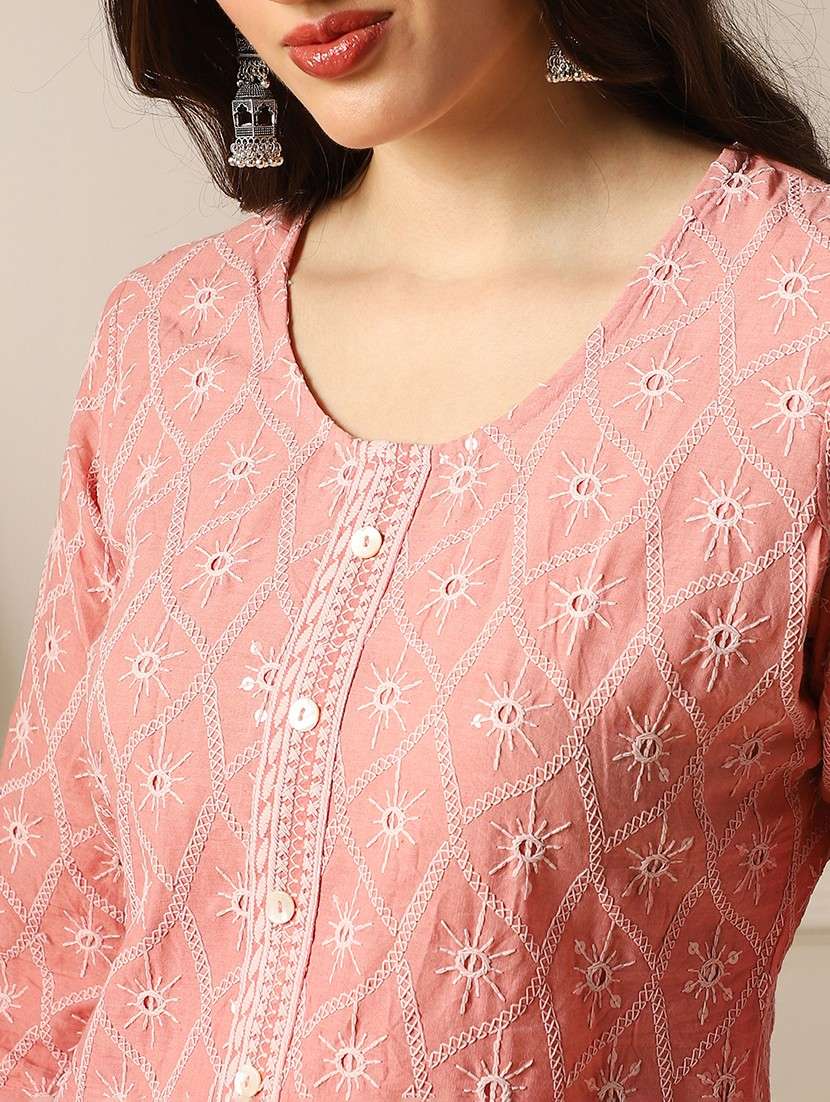 globus women pink round neck sequinned detail scalloped hem straight chikankari kurta & sharara festive set - 22052923 -  Standard Image - 4