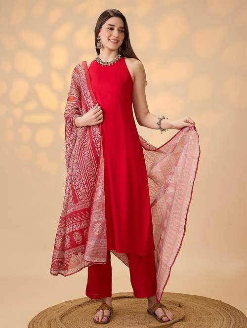 globus women red halter neck solid a-line kurta with pants & printed dupatta festive set