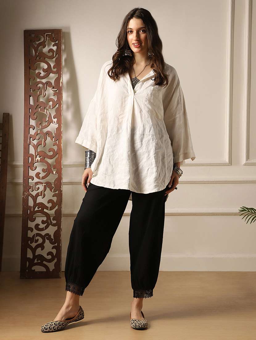 globus women black mid rise lace detail drawstring waist relaxed fit pants - 22052929 -  Standard Image - 4