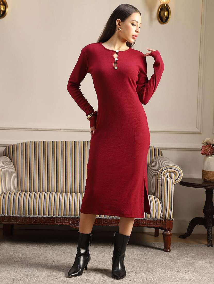 globus women maroon keyhole neck long sleeves side slit ribbed midi bodycon dress - 22052935 - Zoom Image - 0