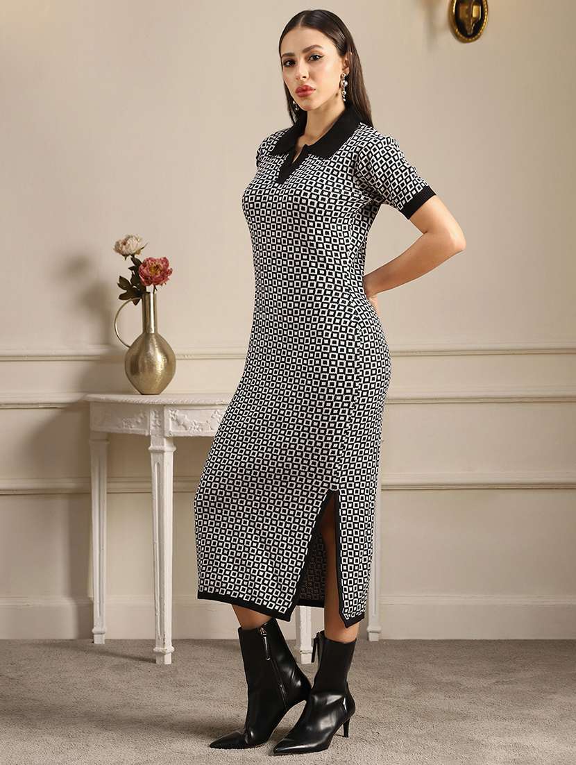 globus women black collared neck acrylic geometric pattern side slit midi bodycon dress - 22052941 - Standard Image - 1