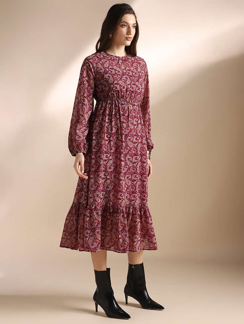 globus women red paisley printed bishop sleeves gathered & pleat tiered fit & flare midi dress - 22052942 - Standard Image - 1