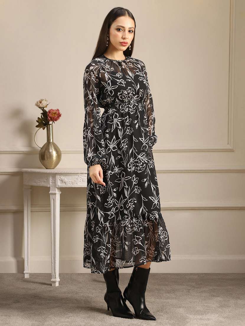 globus women black allover floral printed bishop sleeves gathered & pleat tiered fit & flare midi dress - 22052943 -  Standard Image - 1