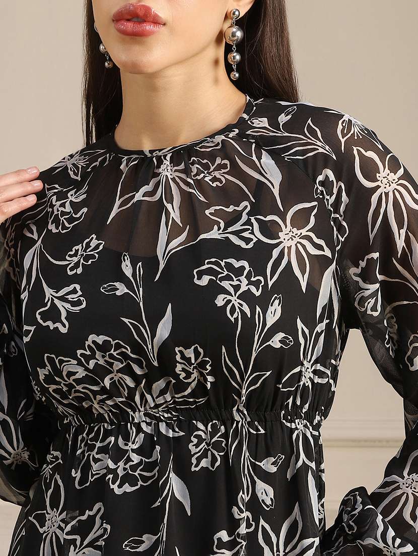 globus women black allover floral printed bishop sleeves gathered & pleat tiered fit & flare midi dress - 22052943 - Standard Image - 4