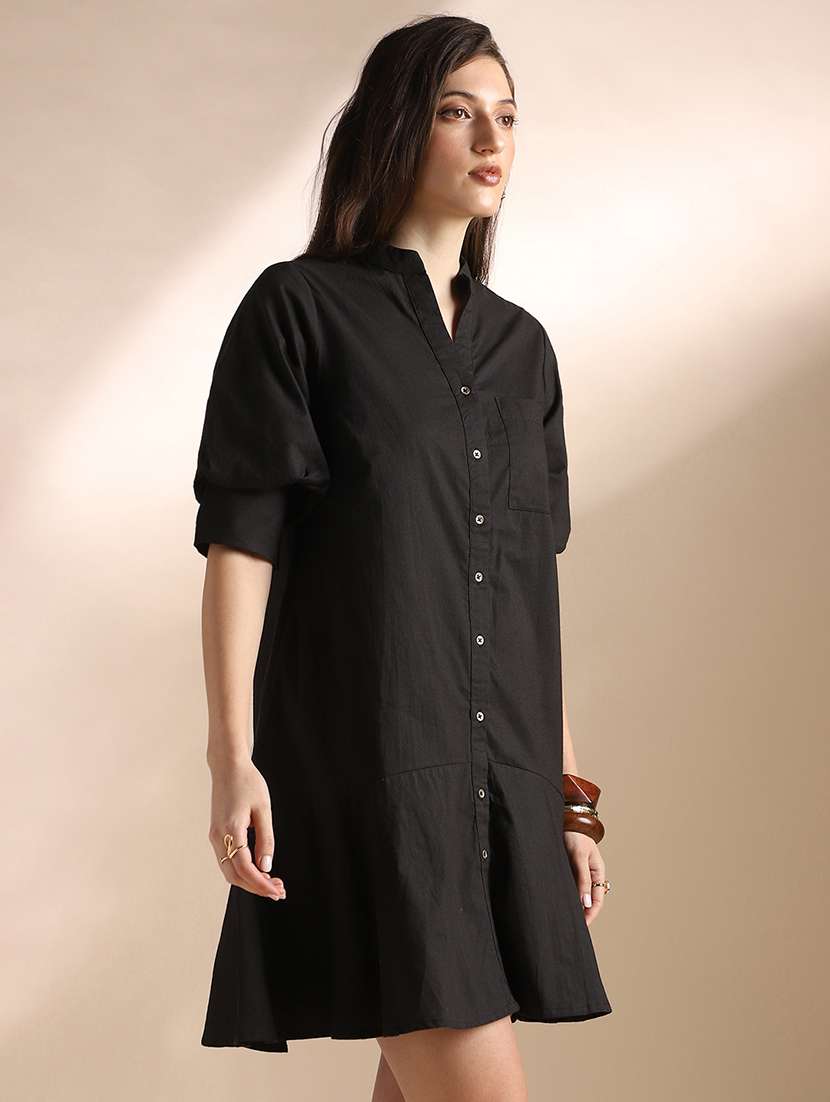 globus women black mandarin collar puff sleeves flared hem shirt style mini dress - 22052946 -  Standard Image - 1