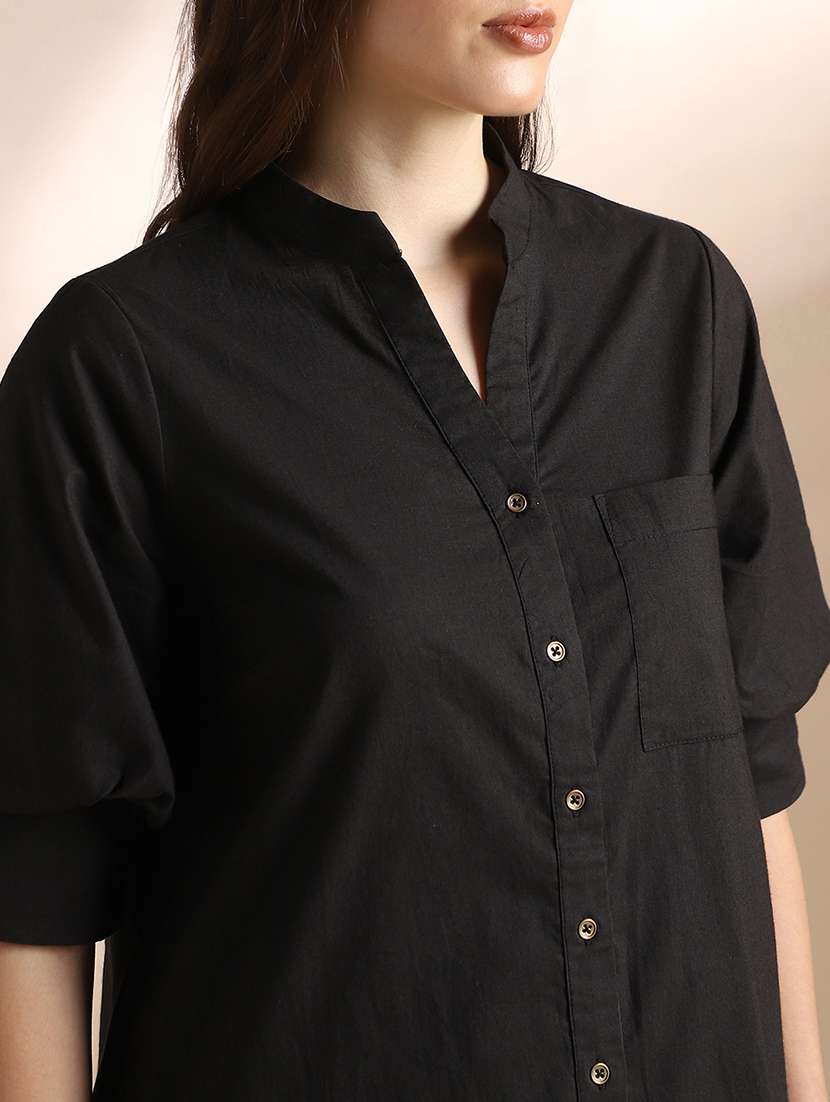 globus women black mandarin collar puff sleeves flared hem shirt style mini dress - 22052946 -  Standard Image - 4
