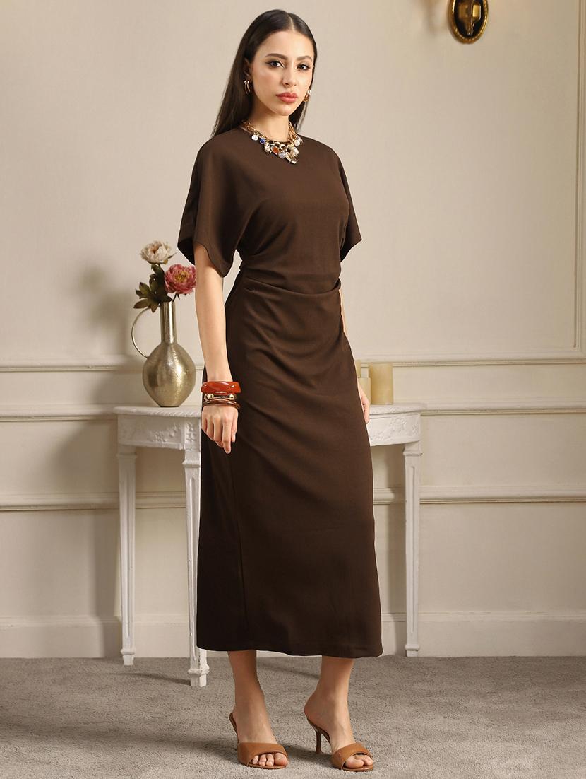 women brown solid short sleeve shift dress - 22052952 - Standard Image - 1