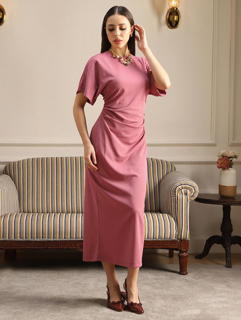women pink solid short sleeve shift dress - 22052953 - Standard Image - 1