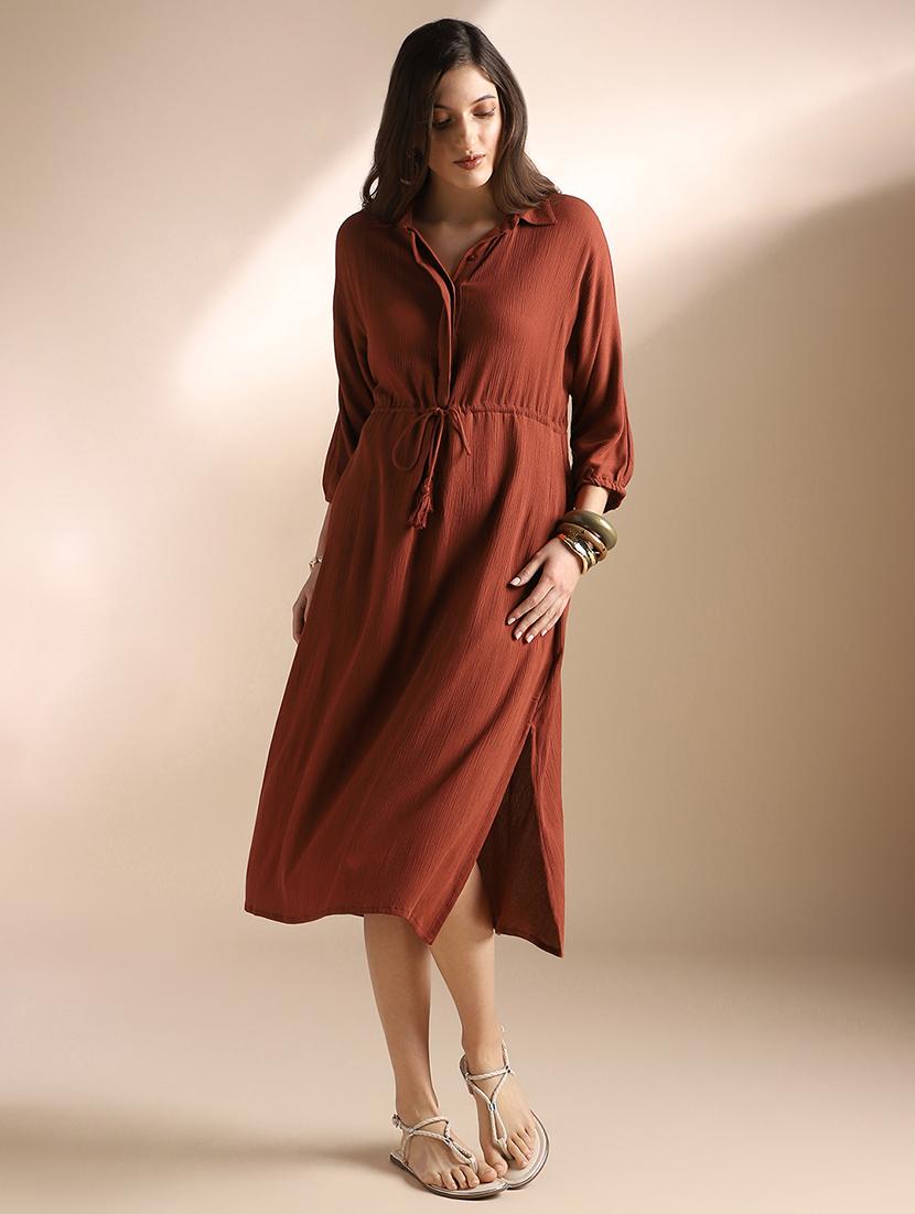 globus women rust self design collared neck waist tie-ups shirt style fit & flare midi workwear dress - 22052954 - Zoom Image - 0