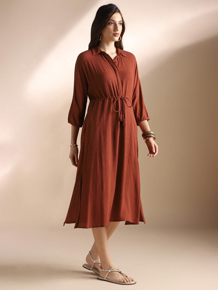 women brown solid collared shirt dress - 22052954 - Standard Image - 1
