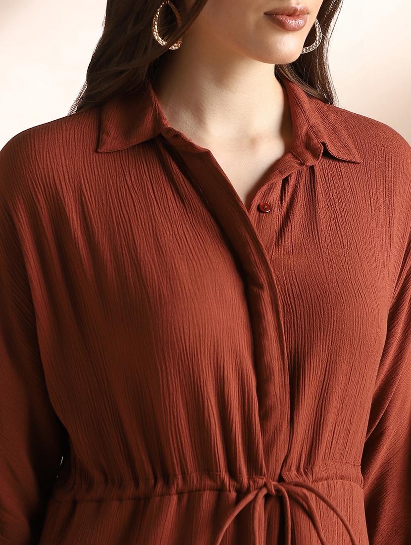 women brown solid collared shirt dress - 22052954 - Standard Image - 4