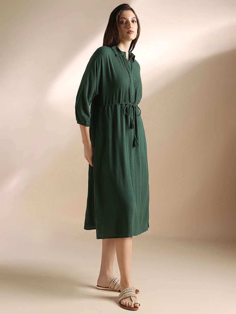 globus women green self design collared neck waist tie-ups shirt style fit & flare midi workwear dress - 22052955 -  Standard Image - 1