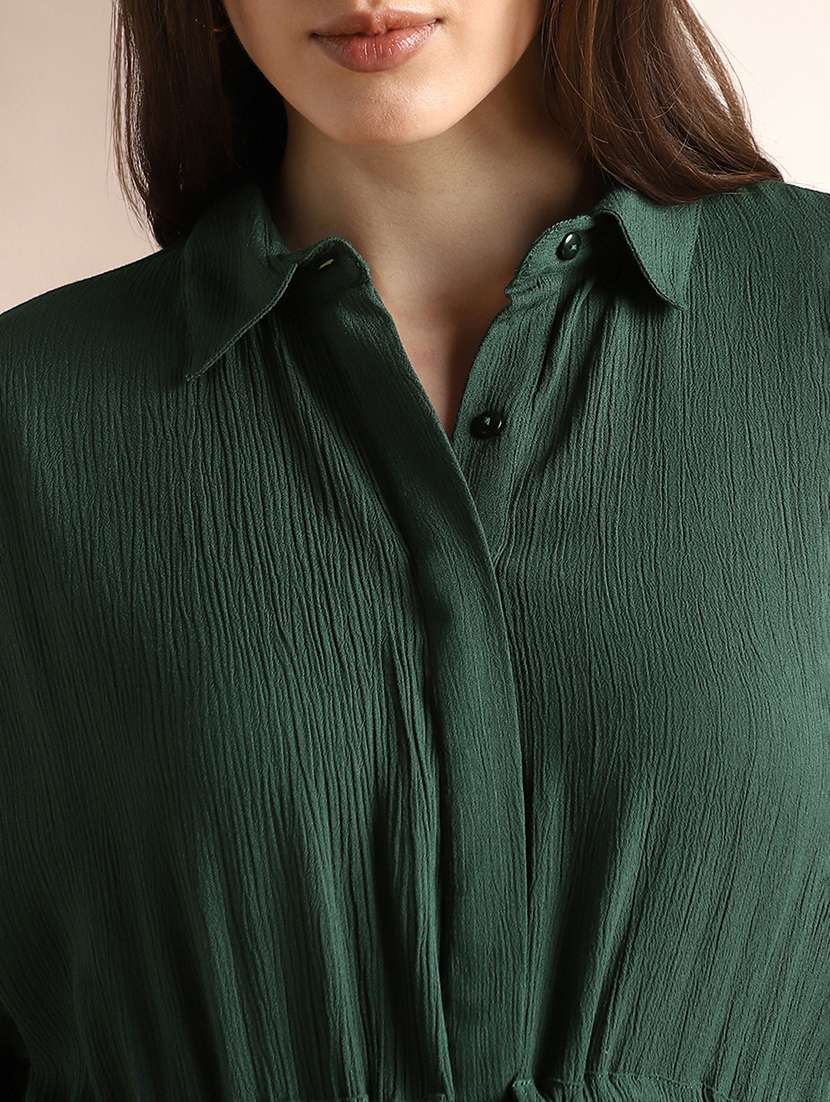 globus women green self design collared neck waist tie-ups shirt style fit & flare midi workwear dress - 22052955 -  Standard Image - 4