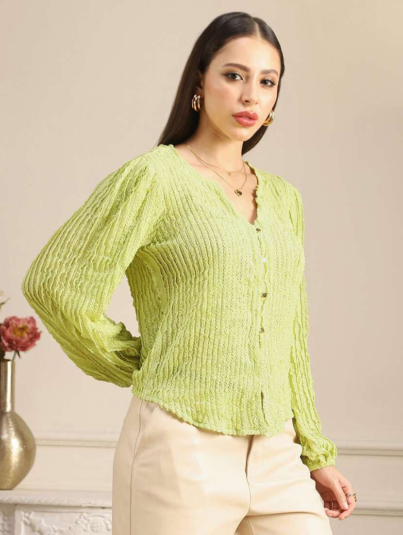 globus women green v-neck bishop sleeves self design lace shirt style top - 22052964 - Standard Image - 1