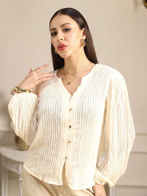 globus women white v-neck bishop sleeves self design lace shirt style top - 22052965 -  Standard Image - 0