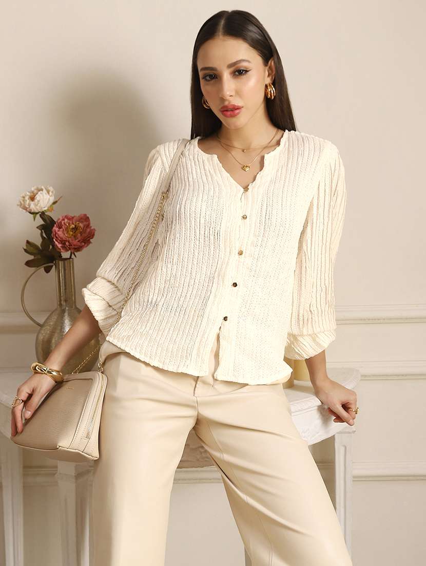 globus women white v-neck bishop sleeves self design lace shirt style top - 22052965 - Standard Image - 1