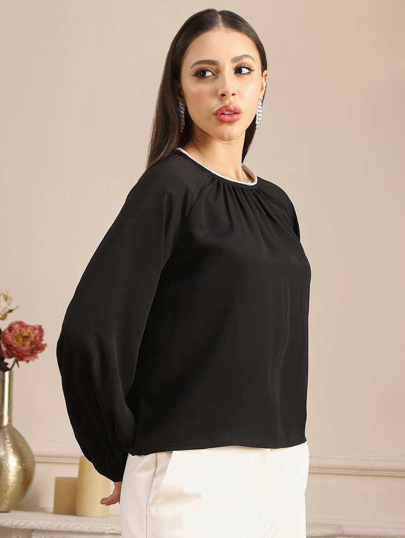globus women black jewel neck raglan sleeves pleated detail georgette party top - 22052966 - Standard Image - 1