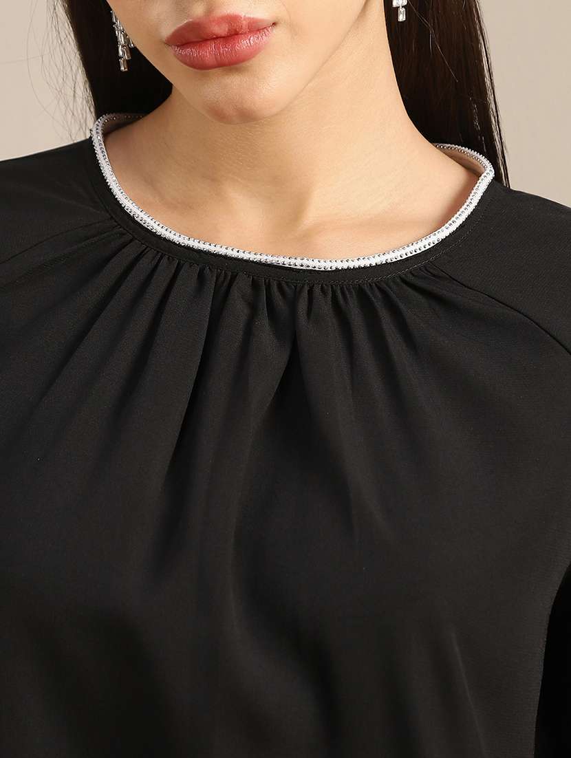 globus women black jewel neck raglan sleeves pleated detail georgette party top - 22052966 - Standard Image - 4