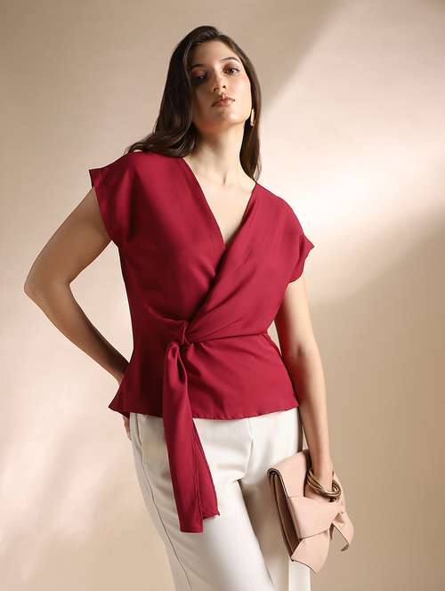 globus women maroon wrap v-neck extended sleeves solid twisted detail workwear top - 22052969 -  Standard Image - 0