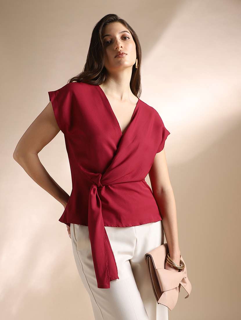 globus women maroon wrap v-neck extended sleeves solid twisted detail workwear top