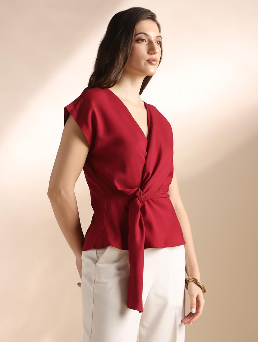 women solid short sleeve mock wrap top - 22052969 - Standard Image - 1