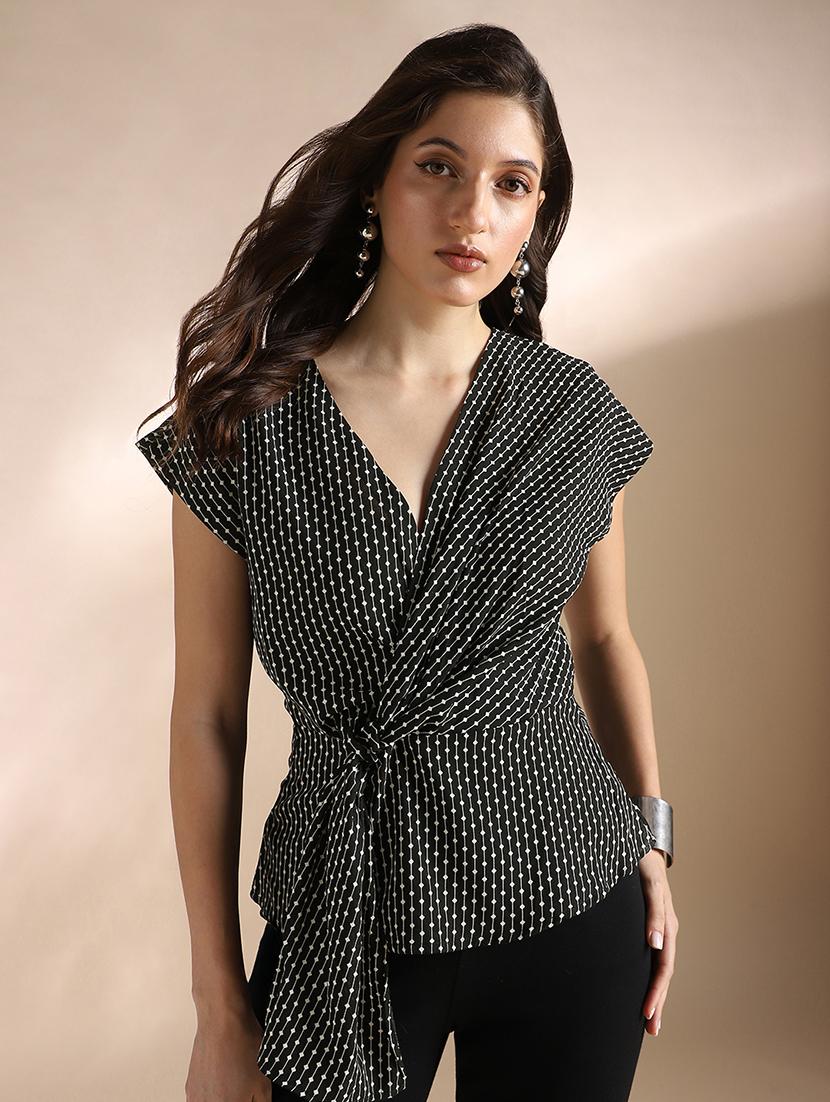 women printed short sleeve mock wrap top - 22052970 - Zoom Image - 0