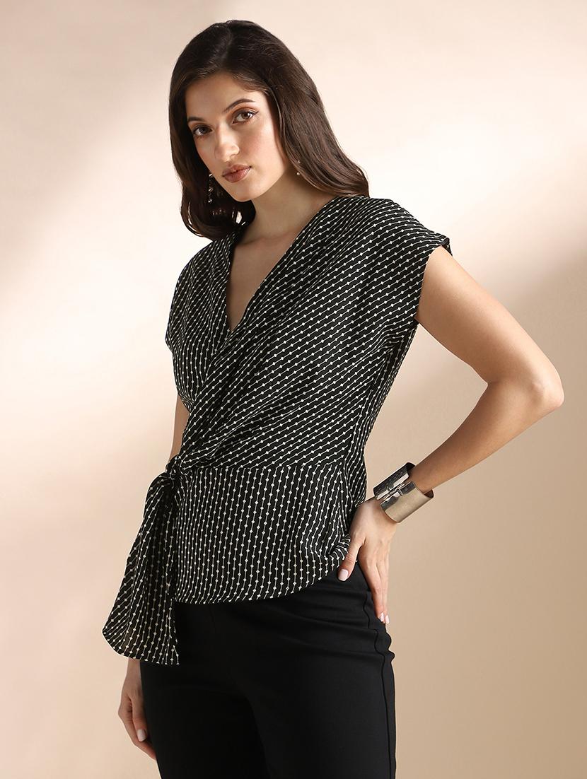 women printed short sleeve mock wrap top - 22052970 - Standard Image - 1