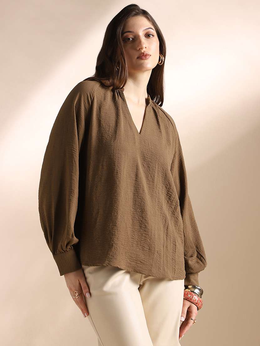 globus women brown mandarin neck raglan cuffed sleeves self design gathered detail workwear top - 22052971 - Standard Image - 1